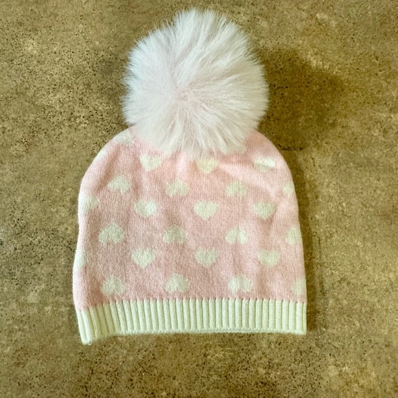 Cozy Kids Pom-Pom Beanie Set - Pink and White with Heart Print, Size 0-6M - Picture 3 of 6